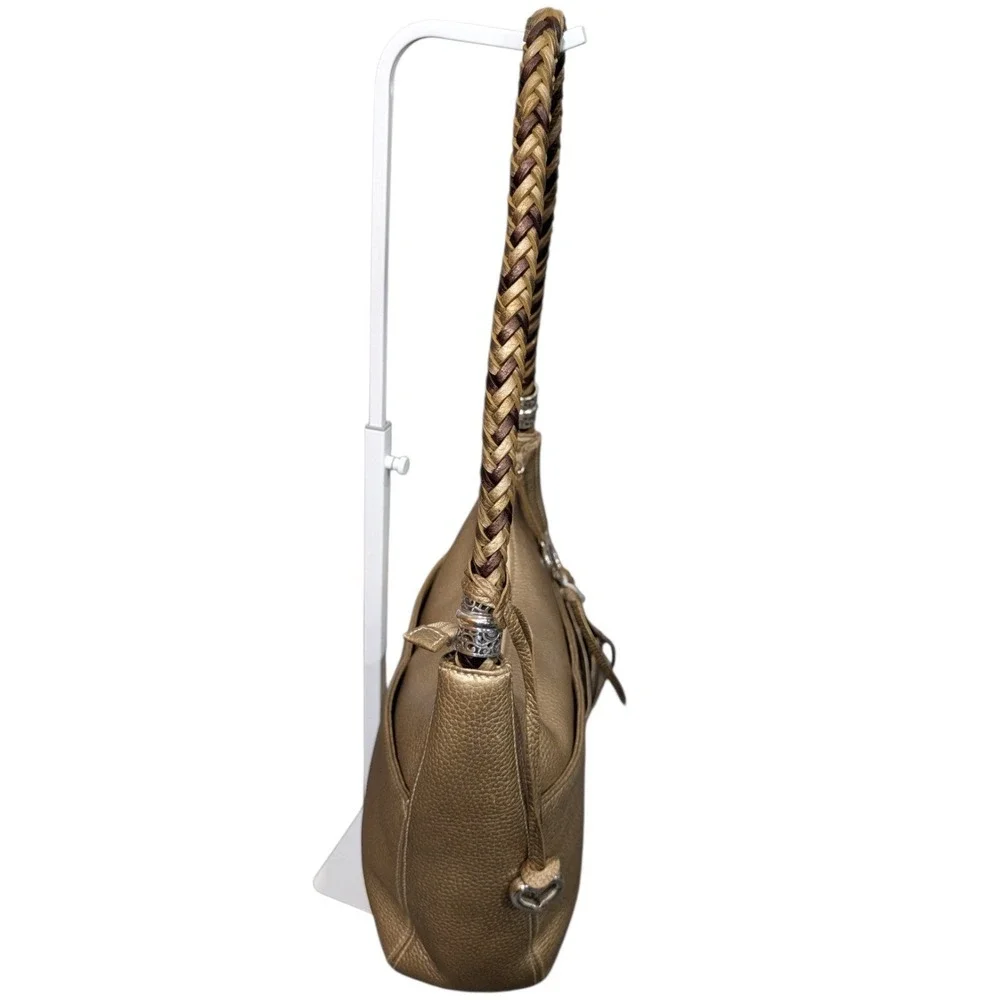 Brighton Metallic Gold Pebbled Leather Braided Strap Hobo Bag D786880